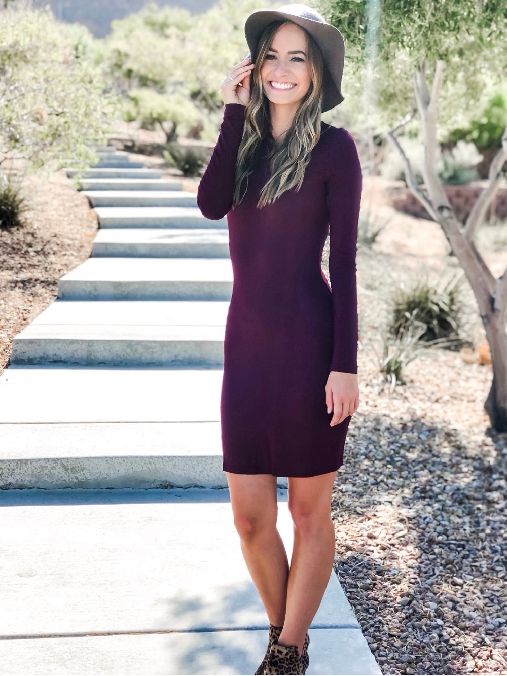 Women's Long Sleeve Bodycon Dress - Plum